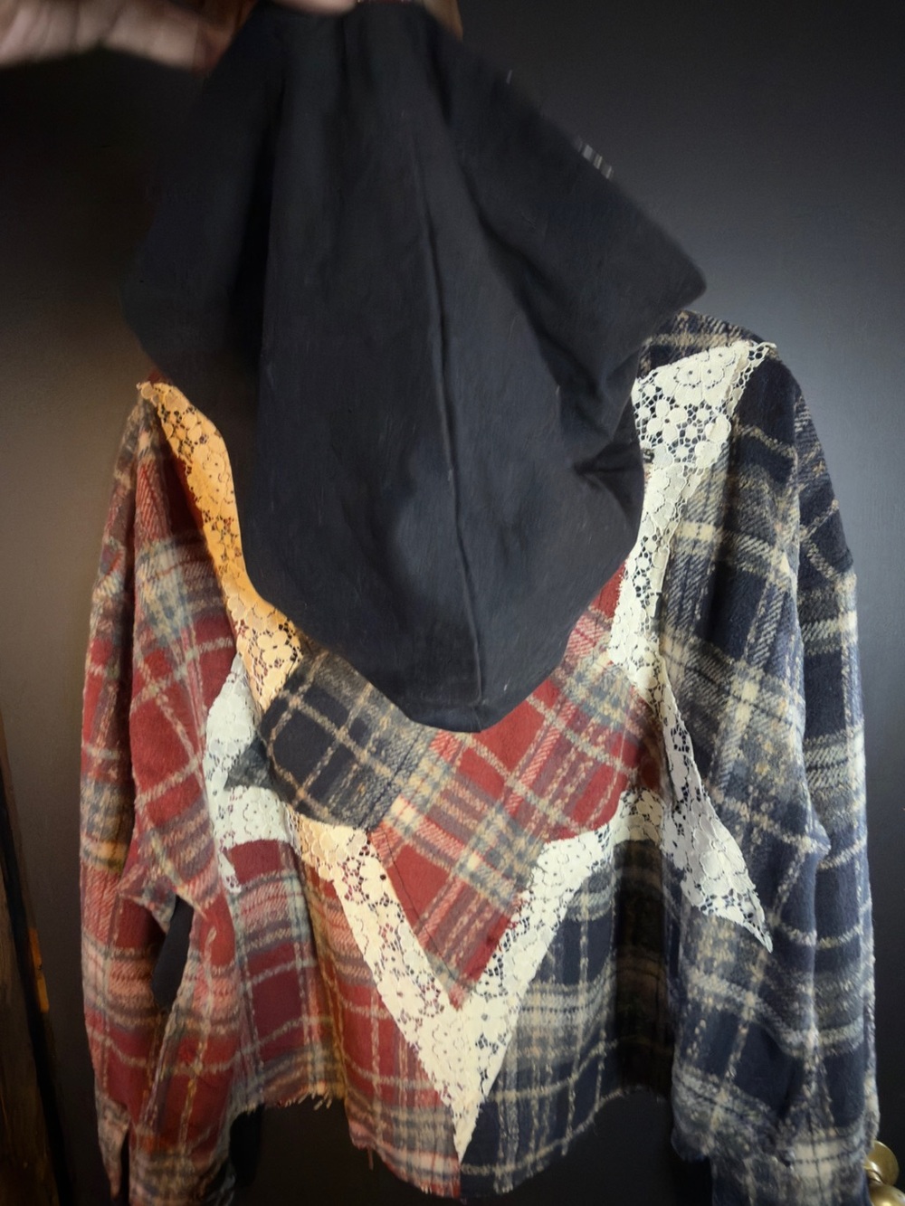 Oli & Hali Plaid Button-Front Shacket in Navy, Red & Cream Star Lace Detail - Picture 11 of 11